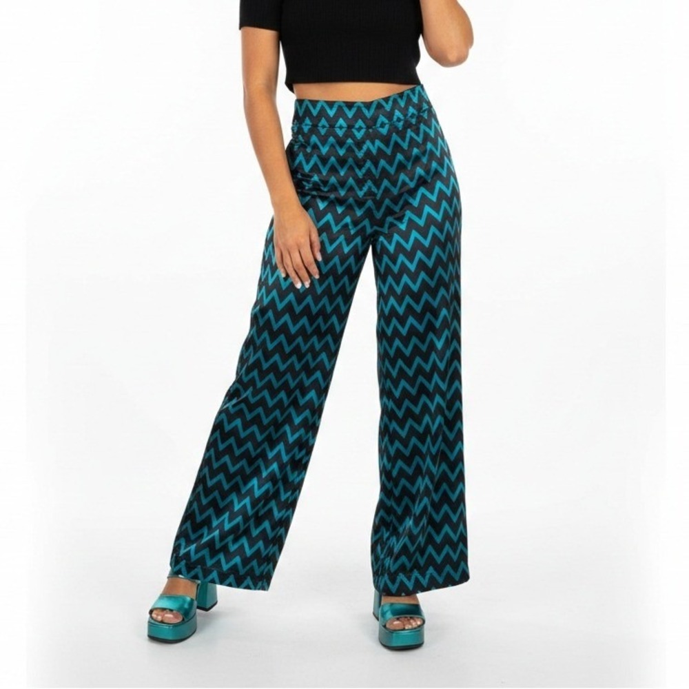 Worthington Retro Satin Pants Blue Black Chevron Modern Fit 90s Glam Size 6